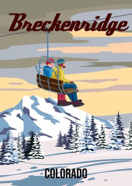 Travel poster Ski Breckenridge resort vintage. America Colorado winter landscape travel view, bench ski lift on the snow mountain, retro. Vector illustration