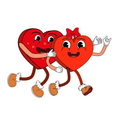 Groovy Valentine Day heart character icon sticker trendy vintage 70s 60s aesthetics. Vector illustration clipart retro style