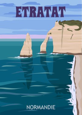 Travel poster Etretat France, vintage seascape rock cliff seashore landscape. Normandy retro card, illustration, vector, postcard