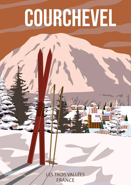 Vintage Travel Poster Ski Courchevel Resort France Winter Landscape Travel — ストックベクタ