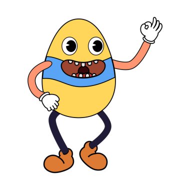 Easter eggs groovy cartoon vintage style, Happy Easter. Character eggs with arms in gloves. Vector Illustration retro