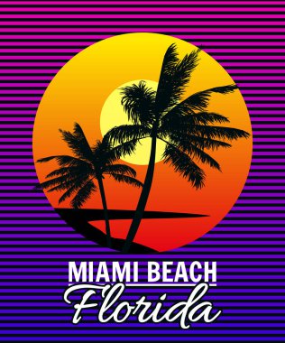 Sunset Florida Palm Miami Sunset Florida Miami Beach palm tree silhouettes, gradient, typography. Vector illustration