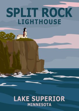 Retro Travel poster Split Rock Lighthouse Minnesota. Vintage vector illustration lighthouse card Lake Superior USA