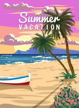 Summer Vacation, Tropical Summer Sunset Travel Poster, ocean, sea, palms, sky, beach. Tourism concept template, placard, flyer postcard vintage style isolated