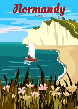 Seyahat posteri Normandie France, klasik yelkenli kayalık kayalık kayalık deniz manzarası. Etretat retro kartı, illüstrasyon, vektör, kartpostal