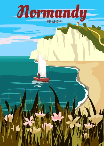 Travel Poster Normandie France Vintage Sailboat Seascape Rock Cliff Seashore — Stock Vector