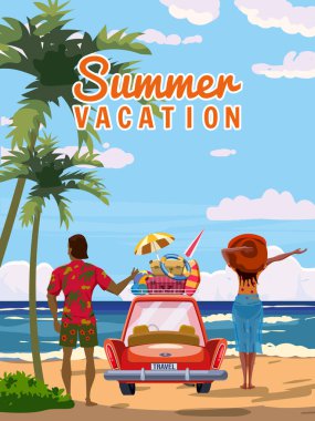 Couple on Summer Vacation, time to travel, red car with luggage bags, surfboard on the beach. Tropical seachore, palms, sea, ocean, back view. Vector illustration retro cartoon style isolated