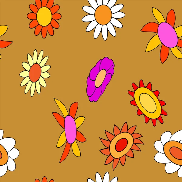 Groovy Hippie Blume Nahtlose Muster Bunte Blumen Trendigen Hintergrund Retro — Stockvektor