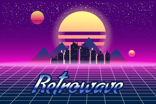 Retrowave Banner Vaporwave Aesthetic Background Futuristic City Grid Sunset Synthwave — Stock Vector