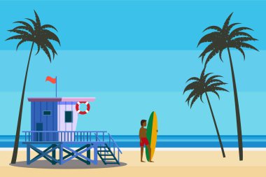 Lifeguard Tower on the beach palms, surfer, coast ocean, sea. Summer tropical landscape, vector illustration flat cartoon style