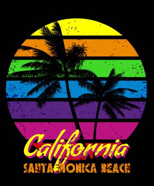 Kaliforniya Santa Monica Günbatımı tişört tasarımı. Poster retro grunge palmiye ağacı siluetleri, gradyan, tipografi. Vektör illüstrasyonu