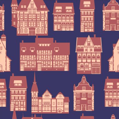 Medieaval Old city seamless pattern, flat style. Autumn landscape city architecture. Wrapping paper, wallpaper background