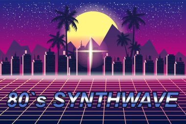 Synthwave 80 'in sancak buhar dalgası estetik arka planı. Gelecekçi şehir palmiyeleri 3D, günbatımı 80 s retrowave. Vektör illüstrasyonu