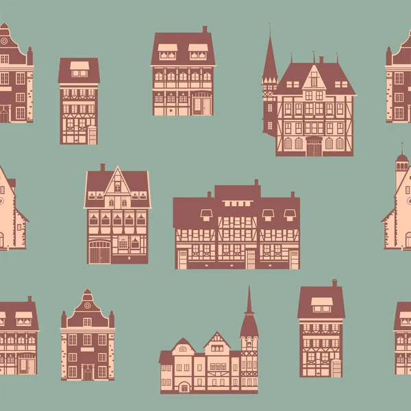 Seamless Pattern Medieaval Old City Flat Style Autumn Landscape City — Vector de stock