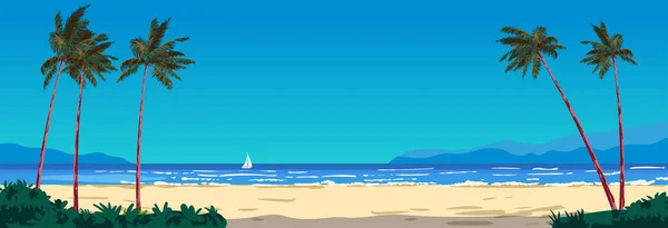 熱帯ビーチリゾート エキゾチックな島 ヤシの木 海のバナー 夏の熱帯の風景 ベクトル イラストの背景 — ストックベクタ
