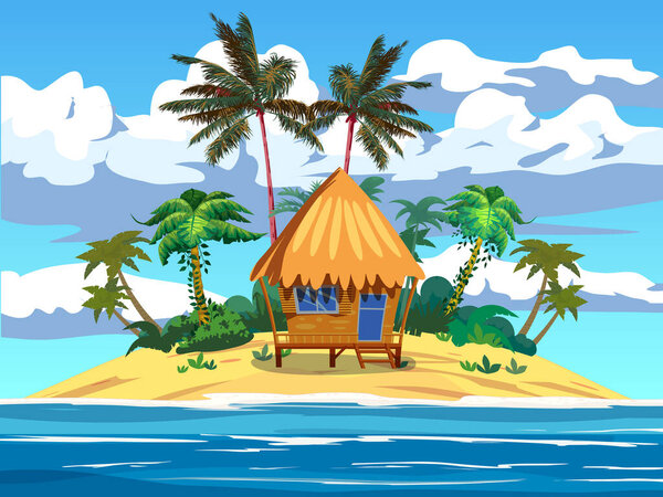 Курортный остров, современный океанский серфинг, пляж. Летние каникулы фон, иллюстрация вектора мультфильмов