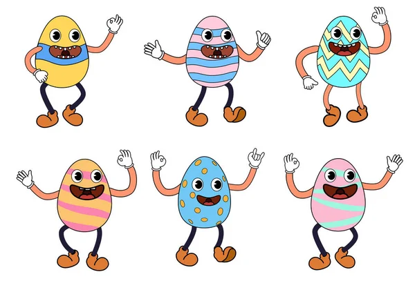 Huevos Pascua Estilo Vintage Dibujos Animados Feliz Pascua Huevos Carácter — Vector de stock