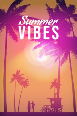 Summer Vibes Retro Posteri, gün batımı, sörf tahtası olan sörfçü. Sahildeki cankurtaran evi, palmiye, sahil, sörf, okyanus. Şablon, poster, broşür. Vektör arkaplanı izole edildi