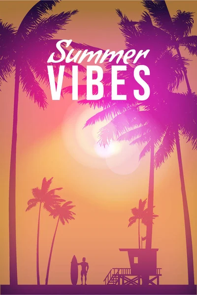 Summer Vibes Retro Poster Sonnenuntergang Surfer Mit Surfbrett Rettungsschwimmerhaus Strand — Stockvektor