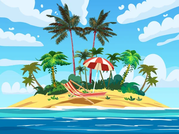 熱帯リゾート島 傘の海の波の下でラウンジチェア ビーチ 夏休みの背景 漫画のベクトルイラスト — ストックベクタ