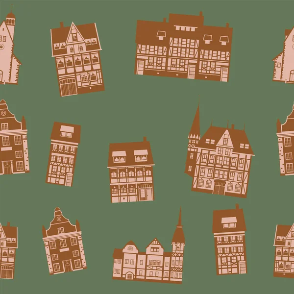 Medieaval Old City Seamless Pattern Flat Style Autumn Landscape City — 스톡 벡터