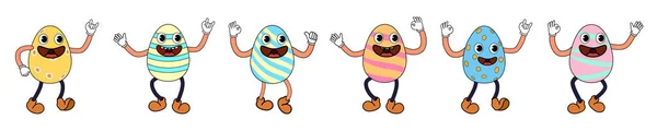 Ročník Velikonoční Vajíčka Groovy Kreslený Styl Veselé Velikonoce Charakteristická Vejce — Stockový vektor