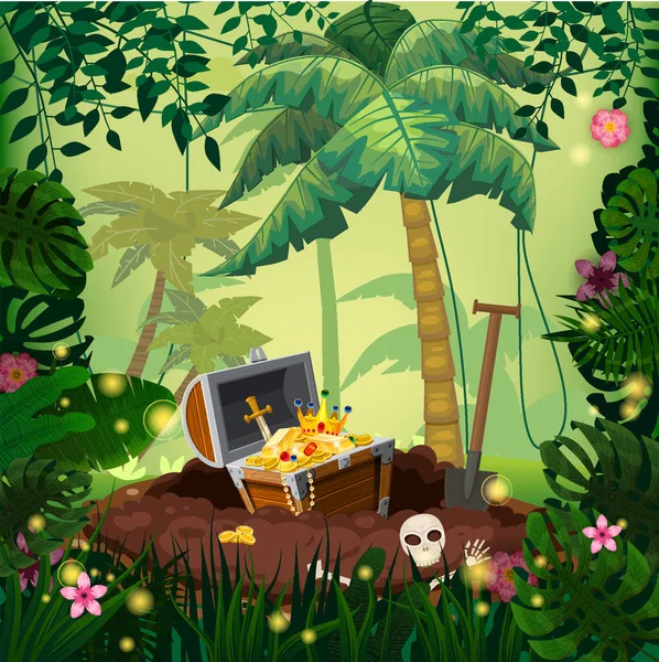 Tropical Treasure Island Pirate Coffre Plein Pièces Pierres Précieuses Couronne — Image vectorielle