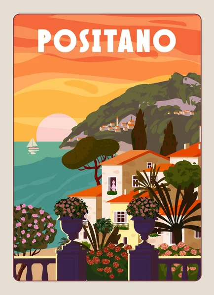 Positano Coast Itálie Středomořská Romantická Krajina Hory Přímořské Město Moře — Stockový vektor