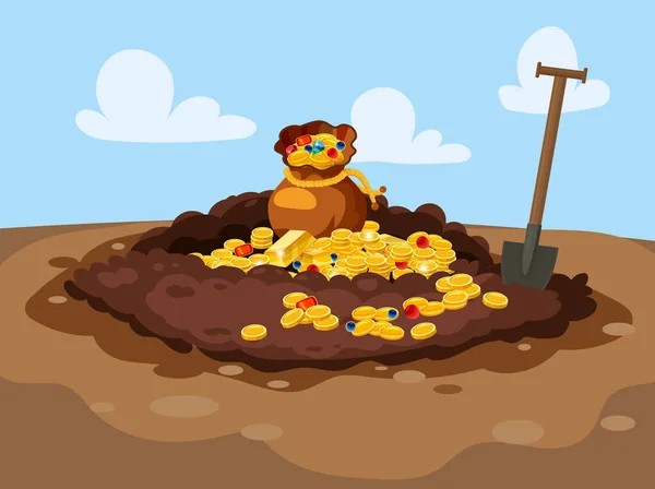 Treasure Bag Full Treasures Gold Coins Digging Hole Ground Burrow — Stock Vector