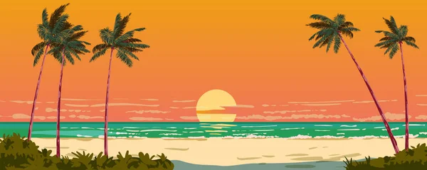 Ηλιοβασίλεμα Στον Ωκεανό Στην Παραλία Αμμουδιά Φοίνικες Ορίζοντας Τροπικό Τοπίο — Διανυσματικό Αρχείο