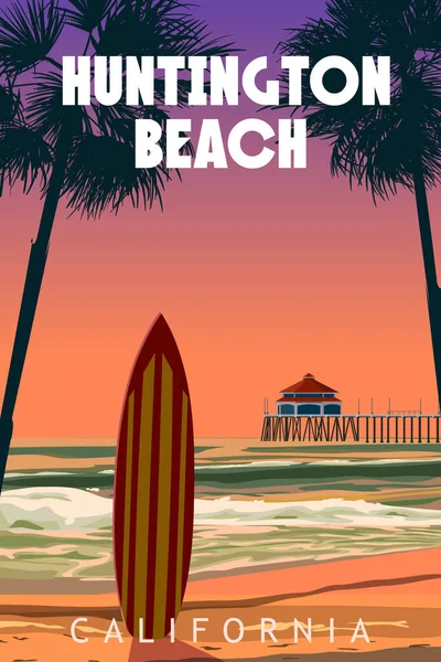 Huntington Beach California Affiche Voyage Rétro Huntington Beach Palmiers Jetée — Image vectorielle