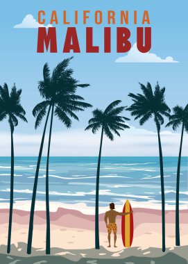 California Malibu plajı retro seyahat posteri, Malibu Sahili, avuç içi, sörfçü, okyanus sörfü. Vektör illüstrasyon vintage kartı
