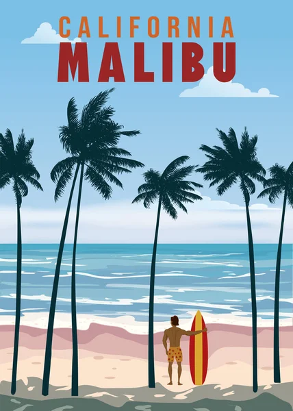 California Malibu Beach Affiche Voyage Rétro Malibu Beach Palmiers Surfeur — Image vectorielle