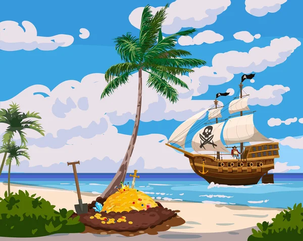 Остров Сокровищ Пиратский Сундук Полный Золотых Монет Гемов Короны Меча — стоковый вектор