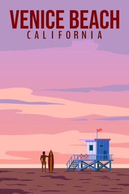 Kaliforniya Venedik Sahili geçmişe dönüş posteri, Venice Sahili, cankurtaran istasyonu, okyanus, sörfçü. Vektör illüstrasyon vintage kartı