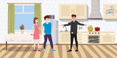 Mobilya dükkanı, mutfak ve aletler. Birkaç erkek, kadın ve alıcı asistanı. Mikrodalga, buzdolabı, gaz ocağı, bulaşık makinesi ve dekorasyon. Vektör çizimi izole edilmiş düz çizgi film