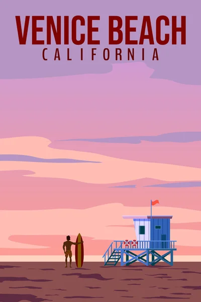 加利福尼亚威尼斯海滩复古旅游海报 威尼斯海滩 救生站 矢量插图复古卡片 — 图库矢量图片