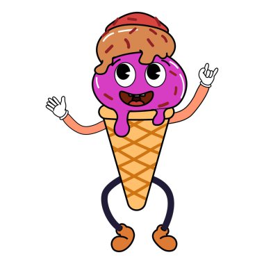 Manyak komik dondurma çizgi film karakteri, 70 'lerin klasik hippisi. Doodle komik parlak karakter modası klasik vektör illüstrasyonuName