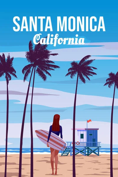 旅行复古海报加利福尼亚圣莫尼卡海滩 圣莫尼卡海滩 救生站 冲浪女孩 冲浪板 矢量插图复古卡片 — 图库矢量图片