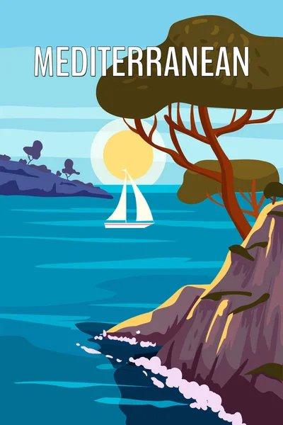 Μεσογειακή Αφίσα Τοπίο Διακοπές Στη Θάλασσα Ευρώπη Ορεινά Δέντρα Λιμάνι — Διανυσματικό Αρχείο