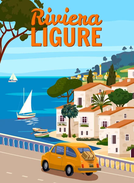 Riviera Ligure Ιταλία Μεσογειακό Ρομαντικό Τοπίο Βουνά Παραθαλάσσια Πόλη Θάλασσα — Διανυσματικό Αρχείο