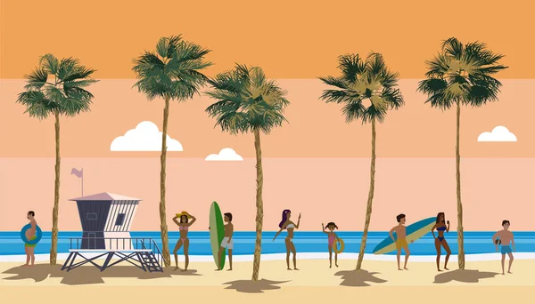 Stock vector Beach landscape with Lifeguard Station, people on vacation. Palms, sea, ocean, coast view, sunset. Vector illustration flat style silhouette