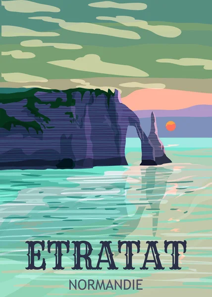 Vintage Travel Poster Etretat Γαλλία Ηλιοβασίλεμα Θαλασσογραφία Βράχο Απόκρημνο Τοπίο — Διανυσματικό Αρχείο
