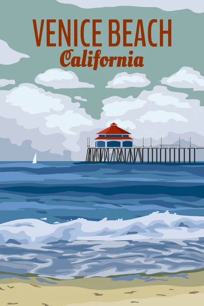 Retro California Venice Plajı Seyahat Posteri Venice Pier Sahili Okyanus — Stok Vektör