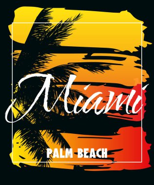 Florida Miami Palm Beach gün batımı baskısı. Poster retro palmiye ağacı siluetleri, tipografi. Vektör illüstrasyonu