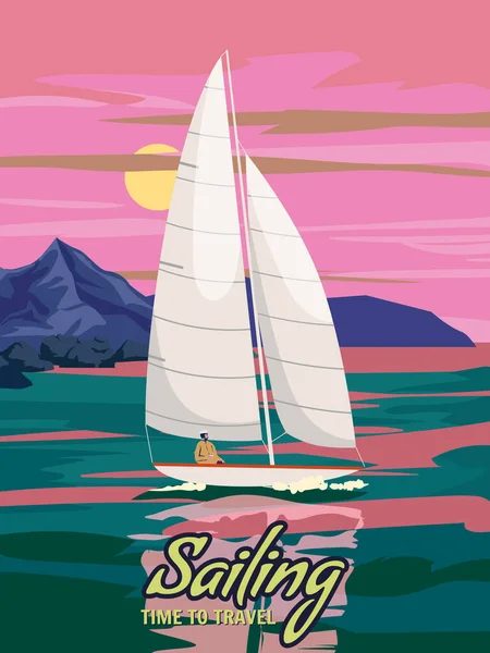 Affisch Retro Segling Tid Att Resa Segelfartyg Havet Hav Sträng — Stock vektor