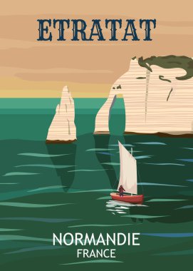 Seyahat posteri Normandie France, klasik yelkenli kayalık kayalık kayalık deniz manzarası. Normandie retro kartı, illüstrasyon, vektör, kartpostal