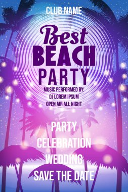 Best Beach Party Şablonu, Night Beach Palms Posteri, Broşür. İzole edilmiş illüstrasyonu destekleyen vektör arkaplan kartı