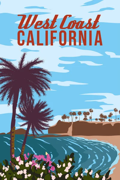 California West Coast Affiche Voyage Rétro Laguna Beach Palmiers Surf — Image vectorielle