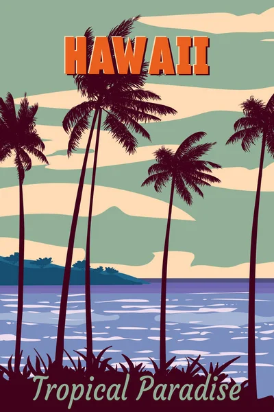 Vintage Reseaffisch Hawaii Tropisk Strand Palmer Havsutsikt Vektor Illustration Bakgrund — Stock vektor